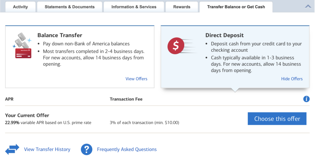 Screenshot showing how to transfer funds on Bank of America's website