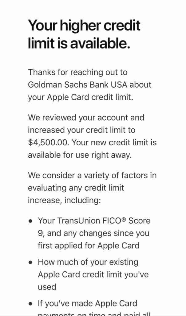 Apple Card credit limit increase request approval